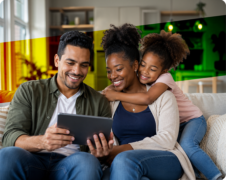A family reviewing information together on a tablet at home